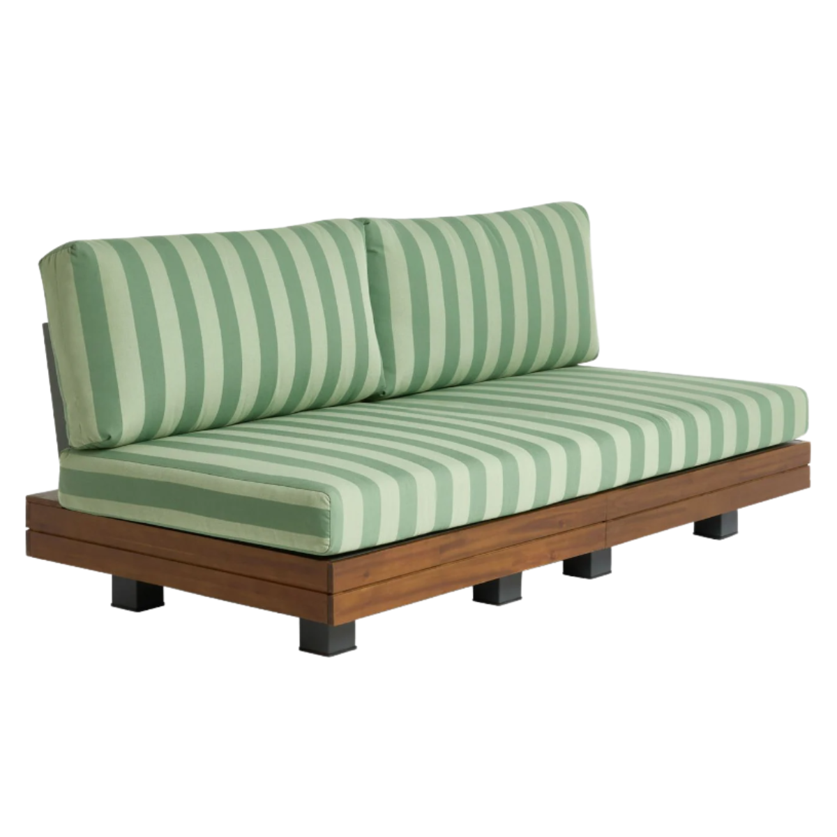 a wooden garden sofa with green stripe cushions