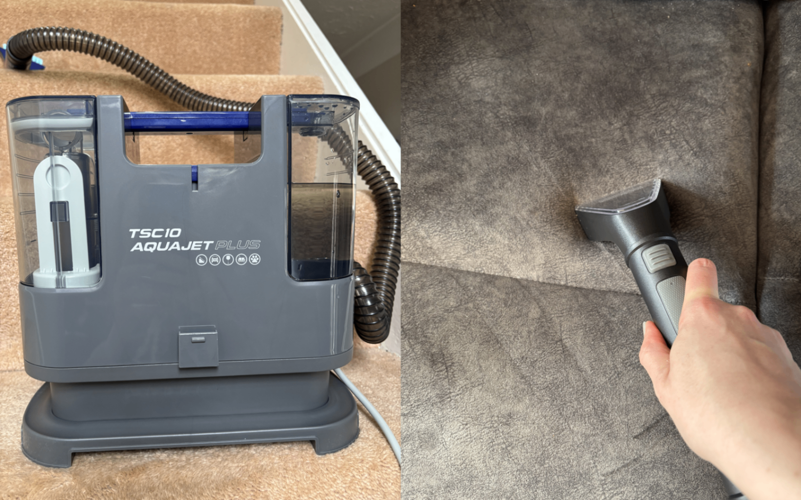 a collage image of two carpet cleaners being tested