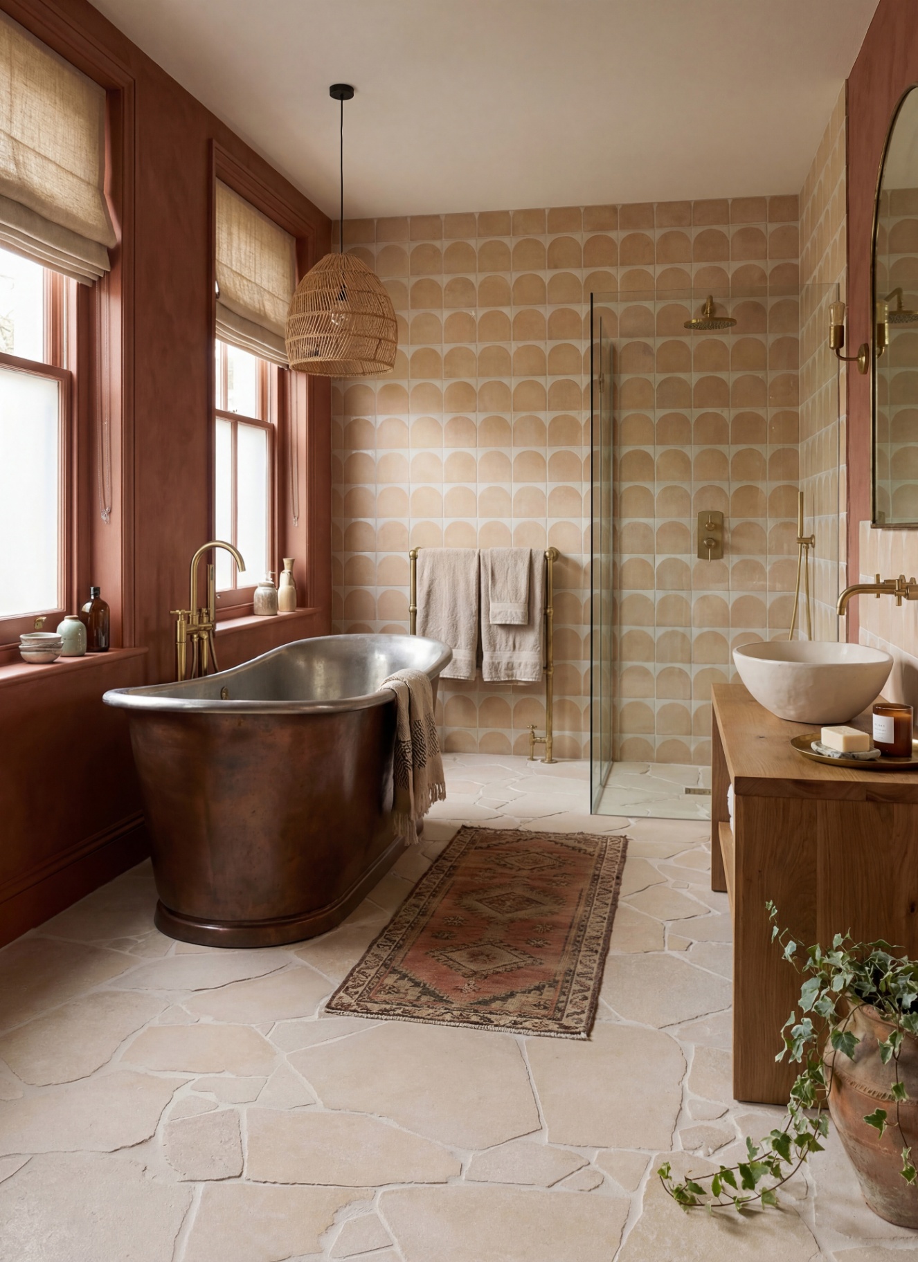 a bathroom with stone flooring, a copper freedstanding bath, terracotta wall tiles, terracotta walls and a wooden vanity