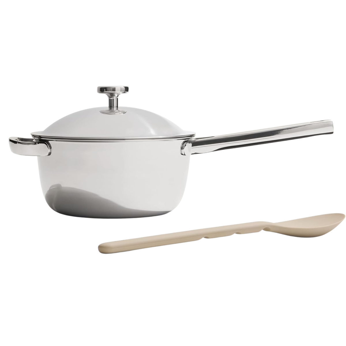 silver sauce pan with lid and spoon