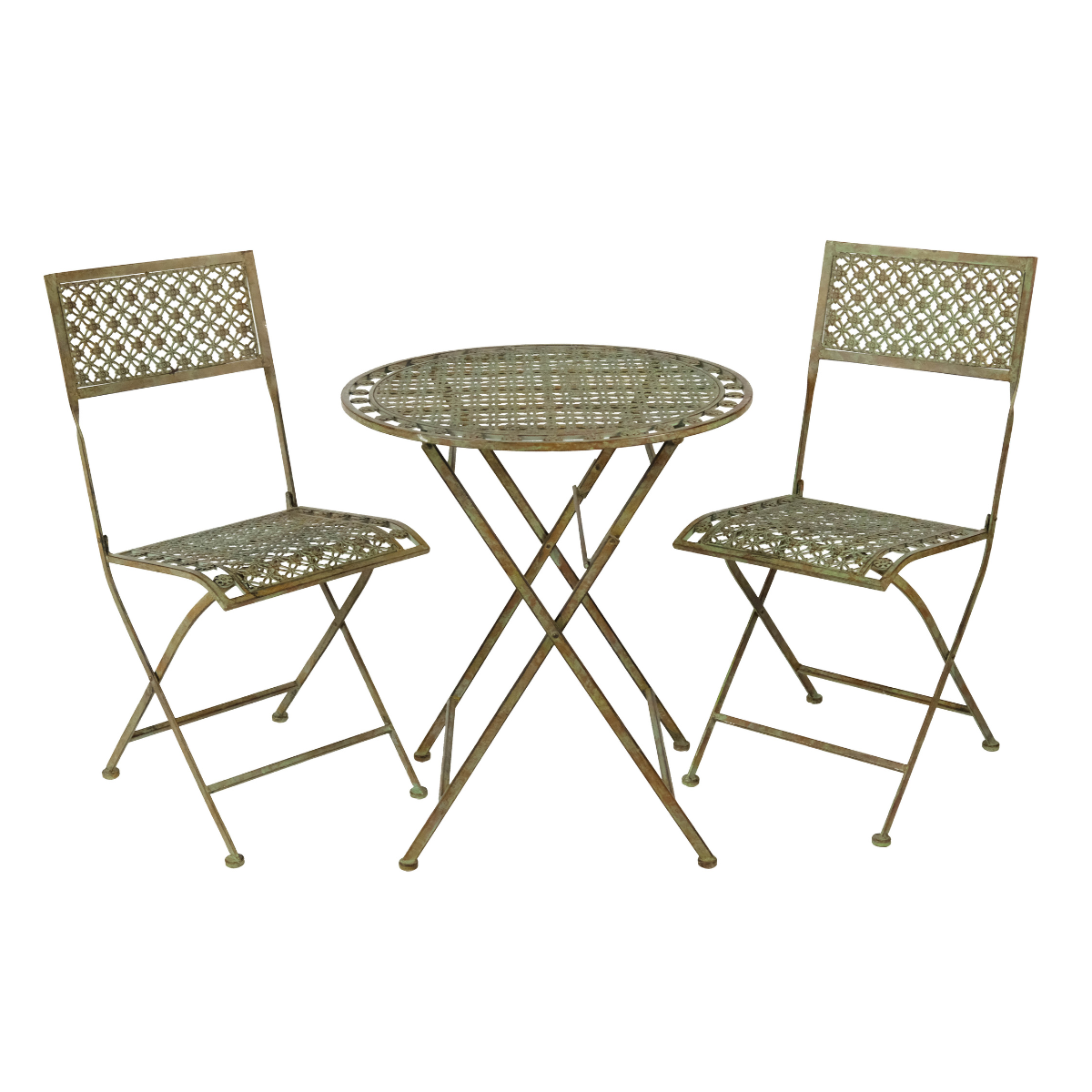 an aged bronze intricately patterned metal bistro set