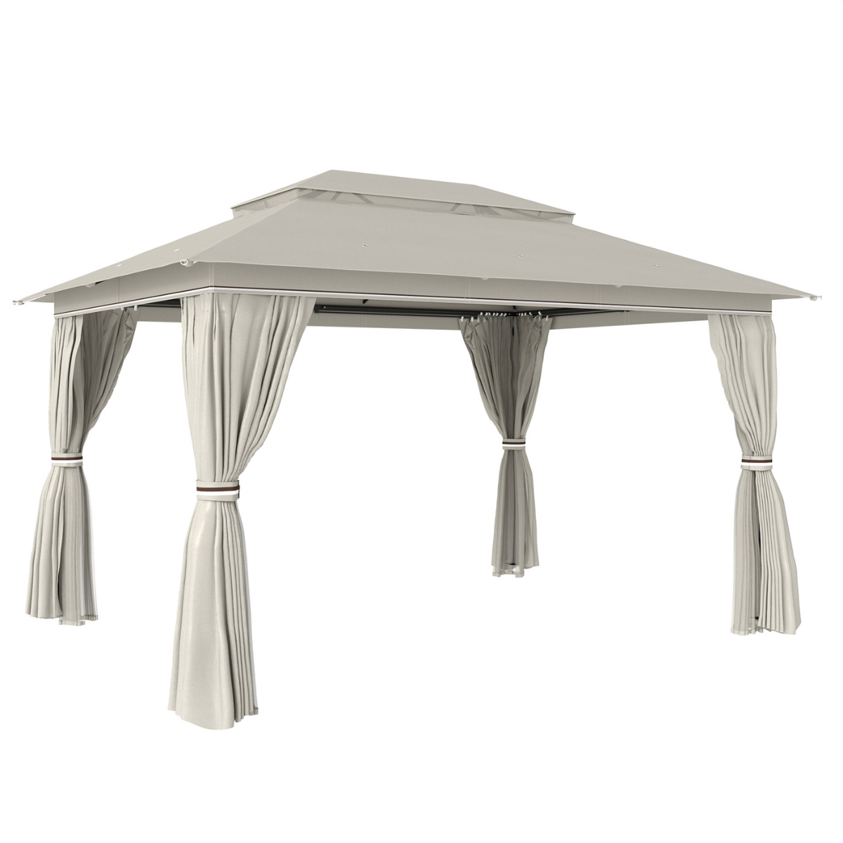 a grey outdoor garden gazebo with curtains
