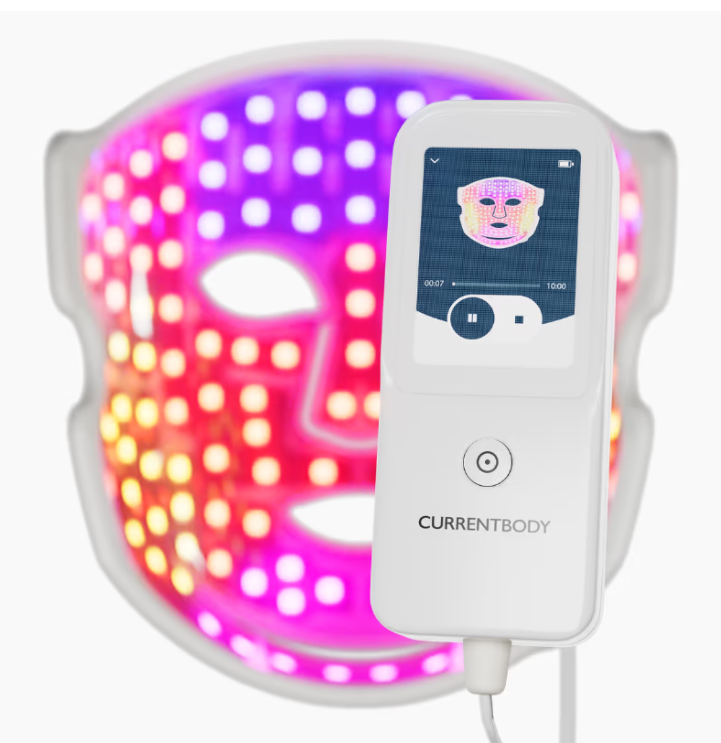 current body LED Red Light Therapy Face Mask Series 3 pictured with lights on on a white background