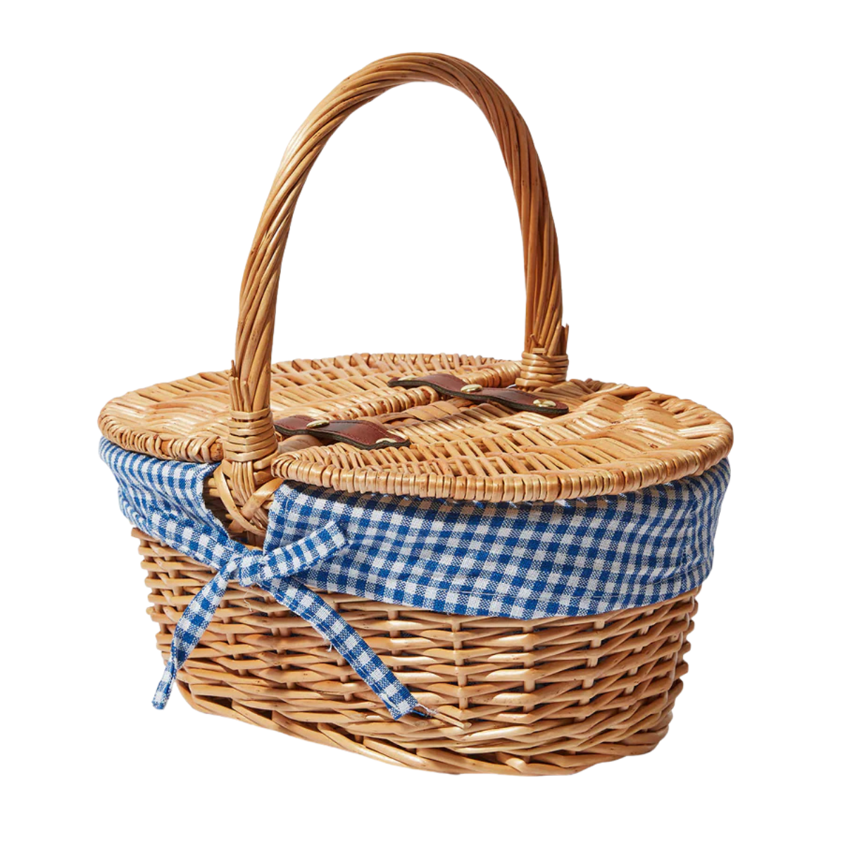 a wicker picnic basket with a lid and blue gingham lining