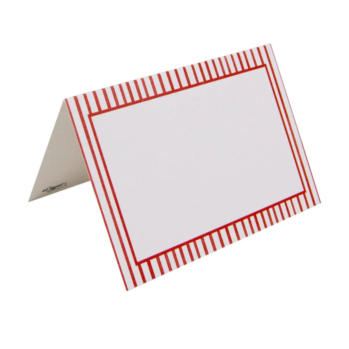 a red and white striped border place name card