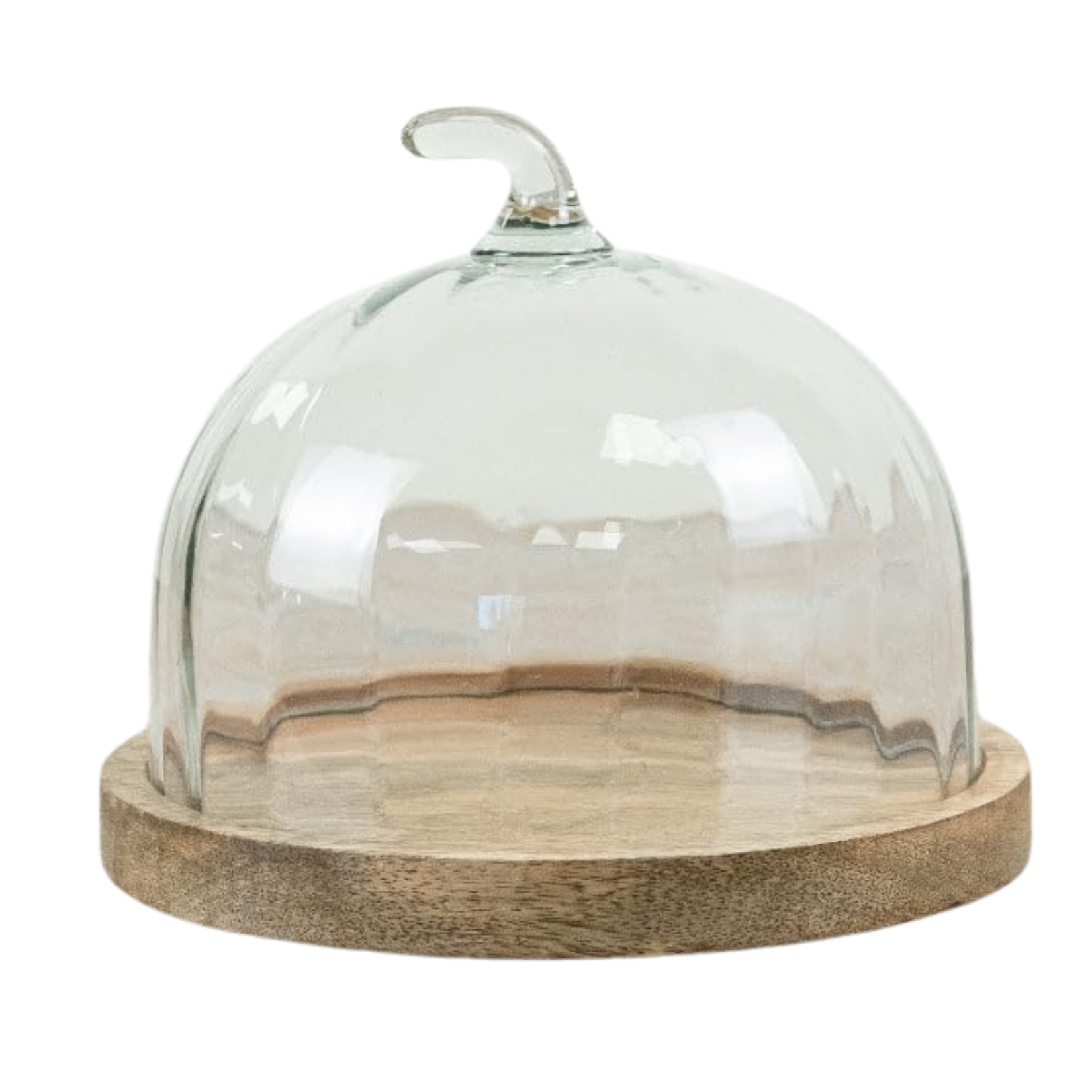 Clear glass pumpkin-shaped cloche dome with a curved stem handle, resting on a round wooden display base