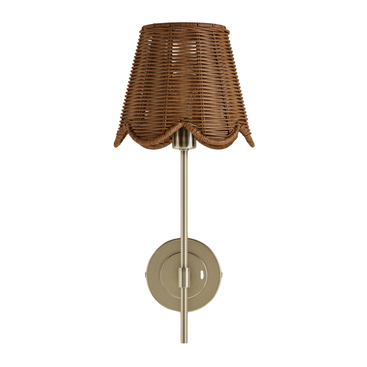 a brown wicker lampshade on a brushed gold sconce