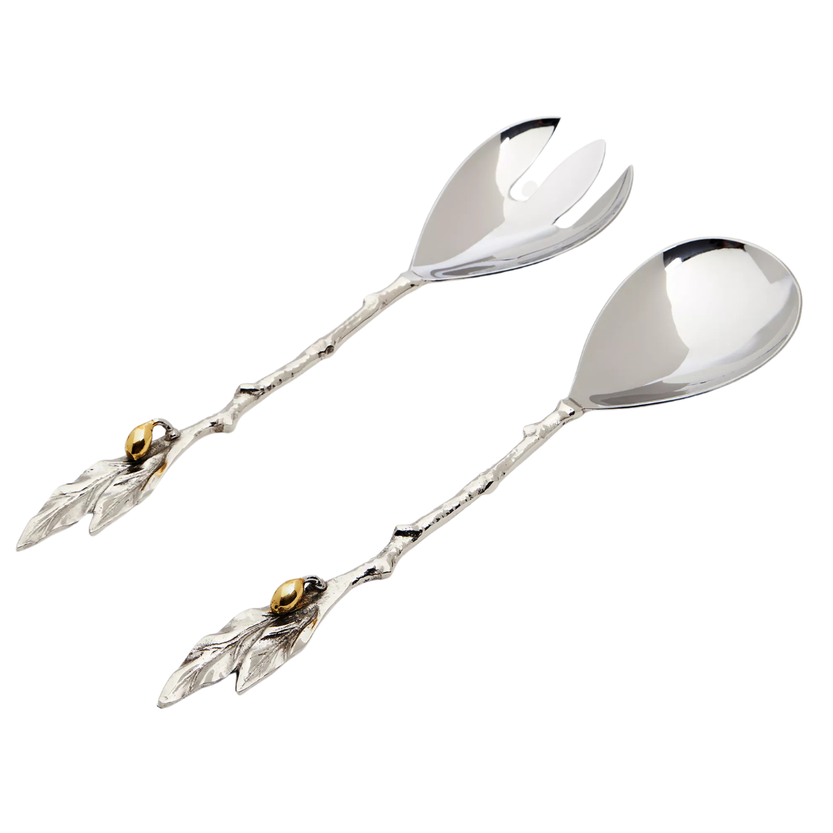 a set of two silver salad servers with olive handles