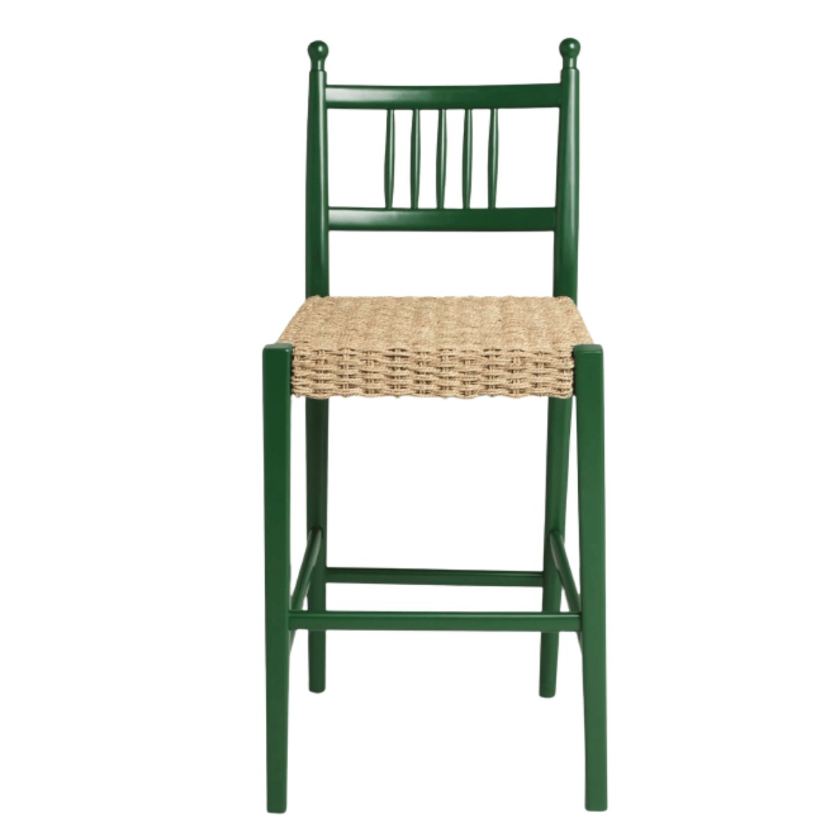 a green painted wooden bar stool with a wicker seat