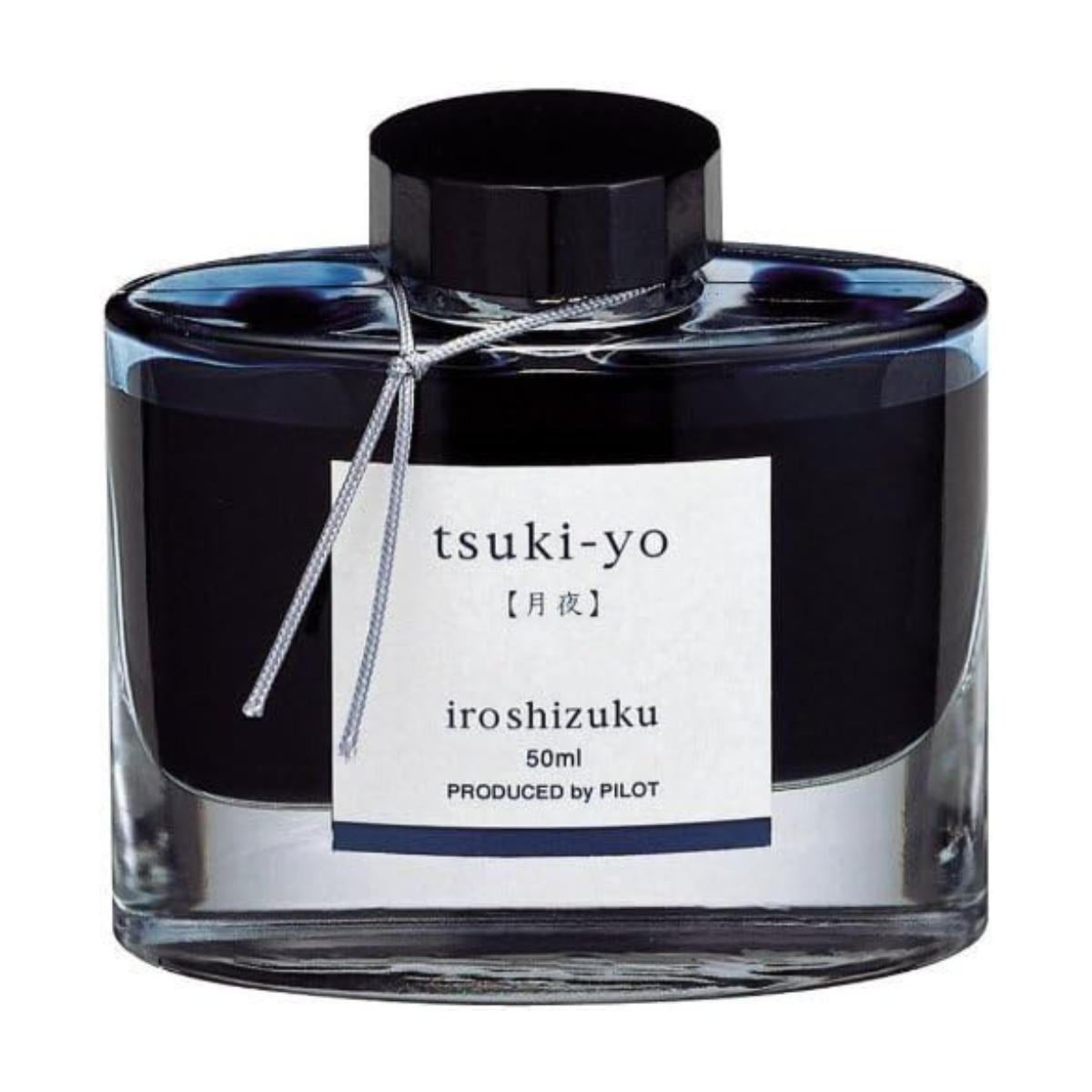 a bottle of dark blue fountain pen ink with a white label and a black lid
