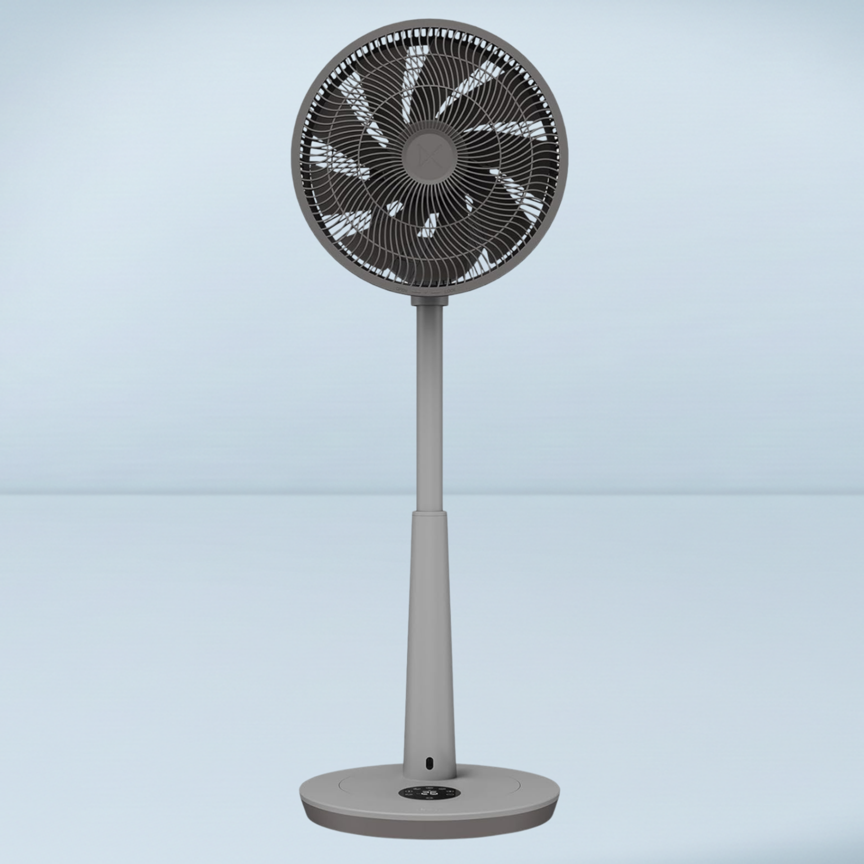 a grey pedestal fan
