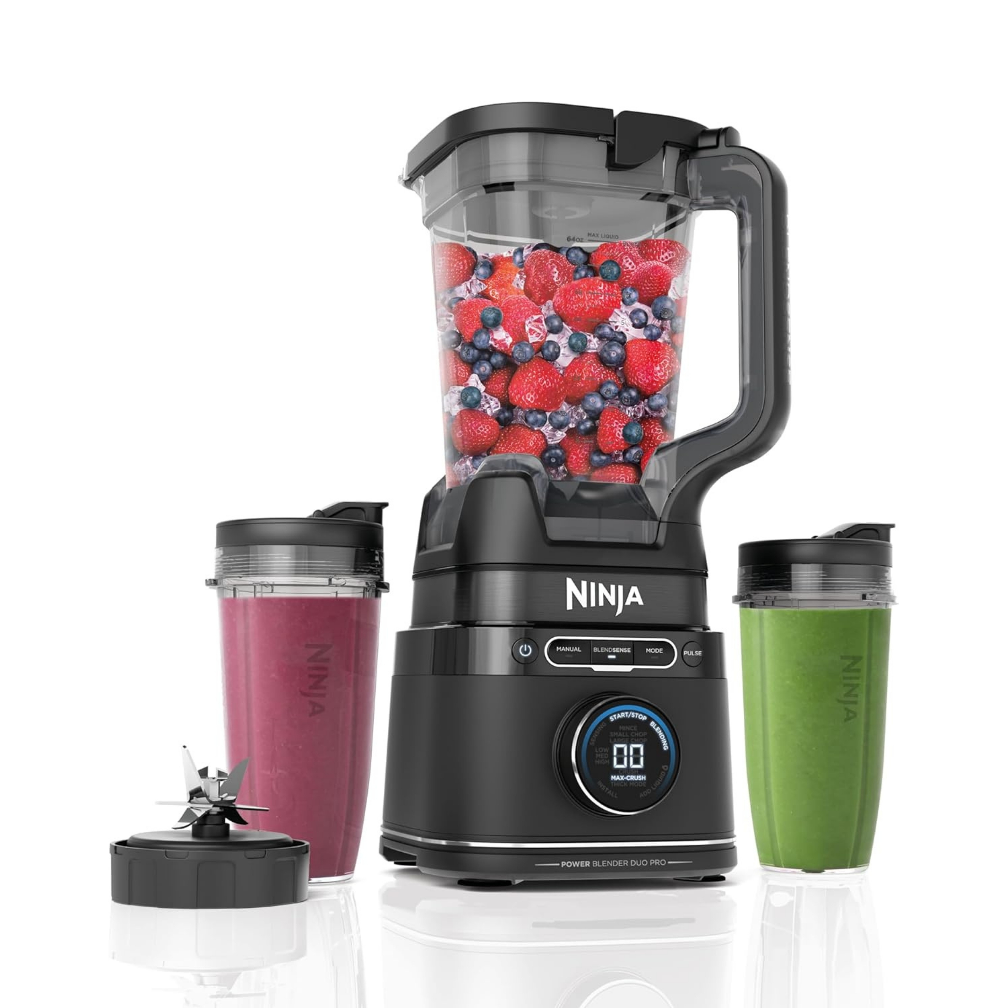 Ninja 2-in-1 Detect Power Blender Pro & Single Serve pictured with smoothie and fruits on a white background