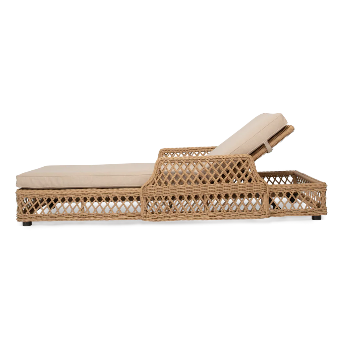 a rattan sun lounger with beige cushions