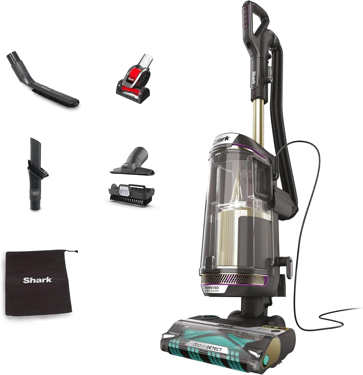 Shark PowerDetect Corded Upright Vacuum Cleaner, pictured with parts on a white background