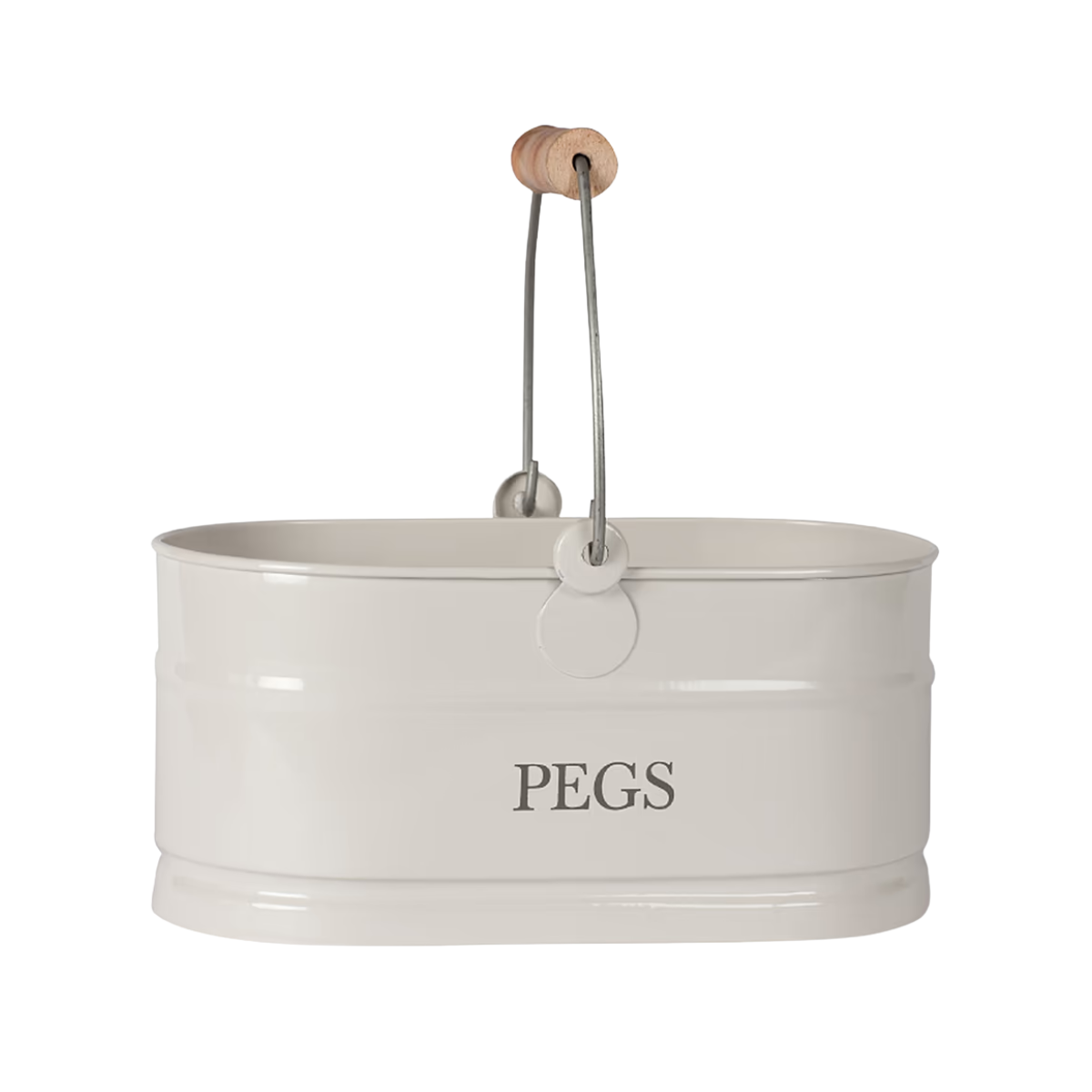 a cream steel peg bucket with a metal and wood handle