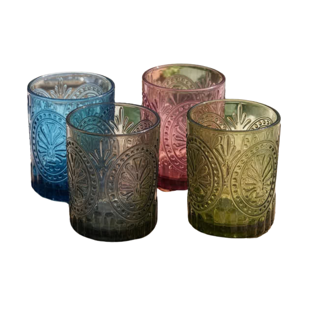 set of 4 glasses in blue, grey, pink and green