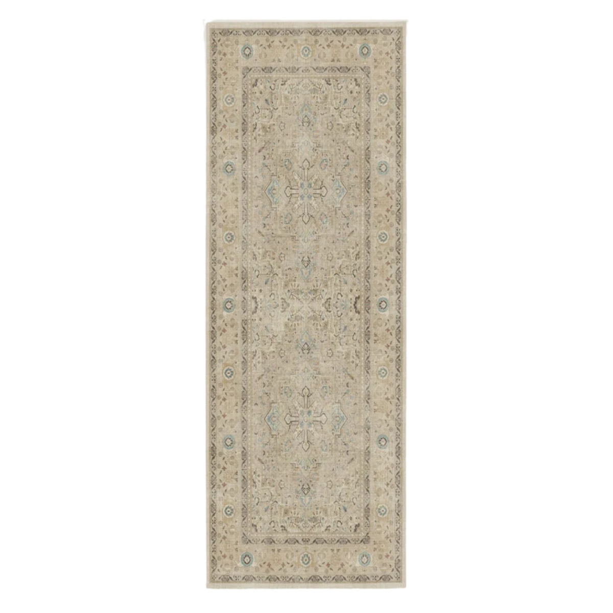 a cream and green runner rug in a traditional persian pattern