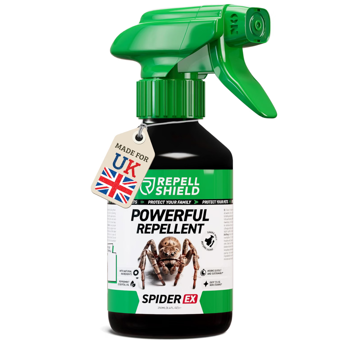 a black and green spray bottle of spider repellent