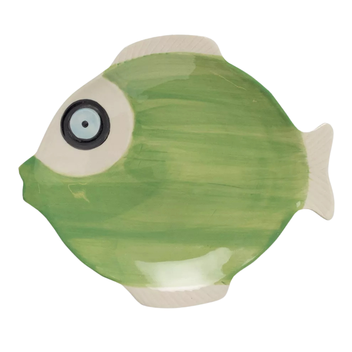 a green painted plate in the shape of a fish