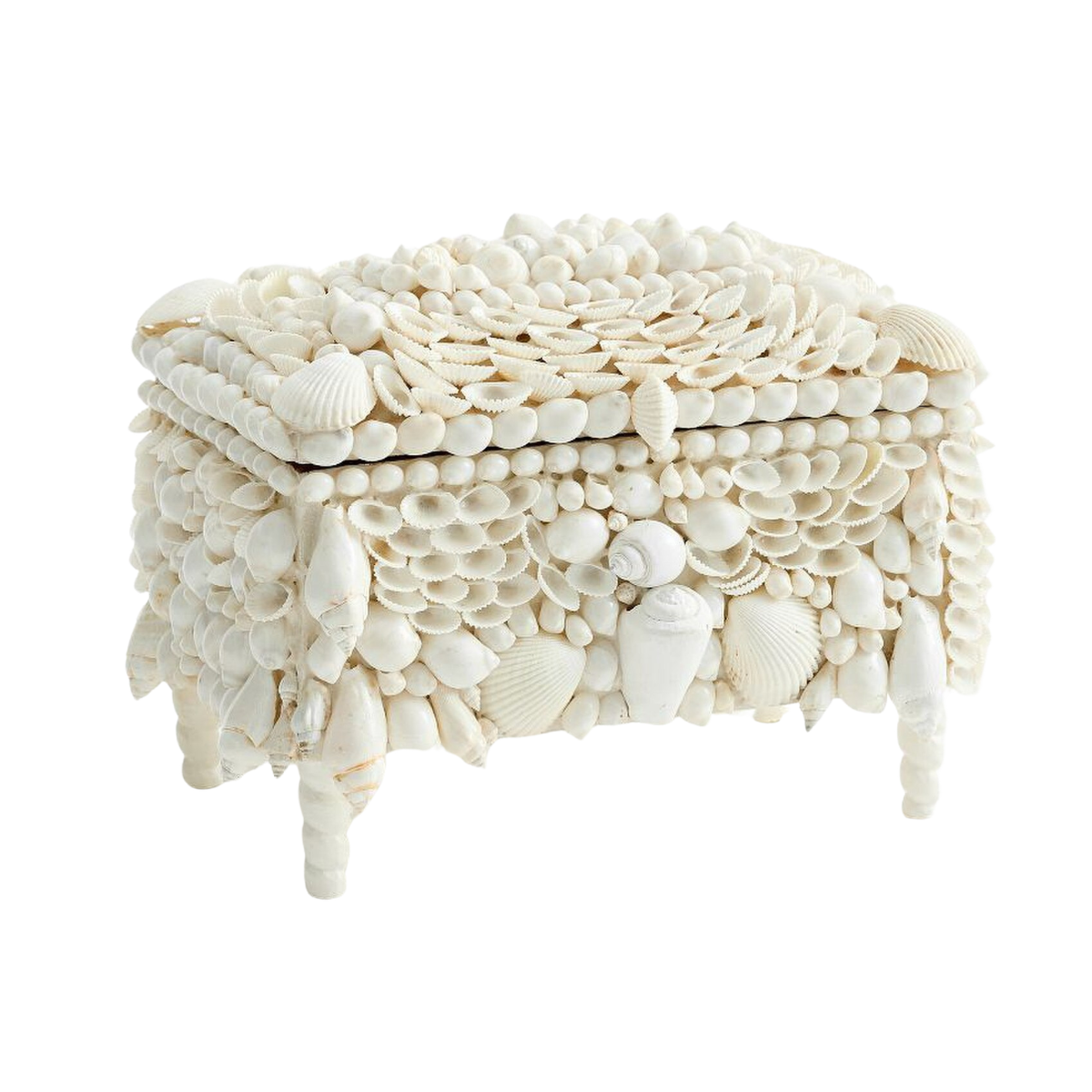 a trinket box on legs covered in seashells