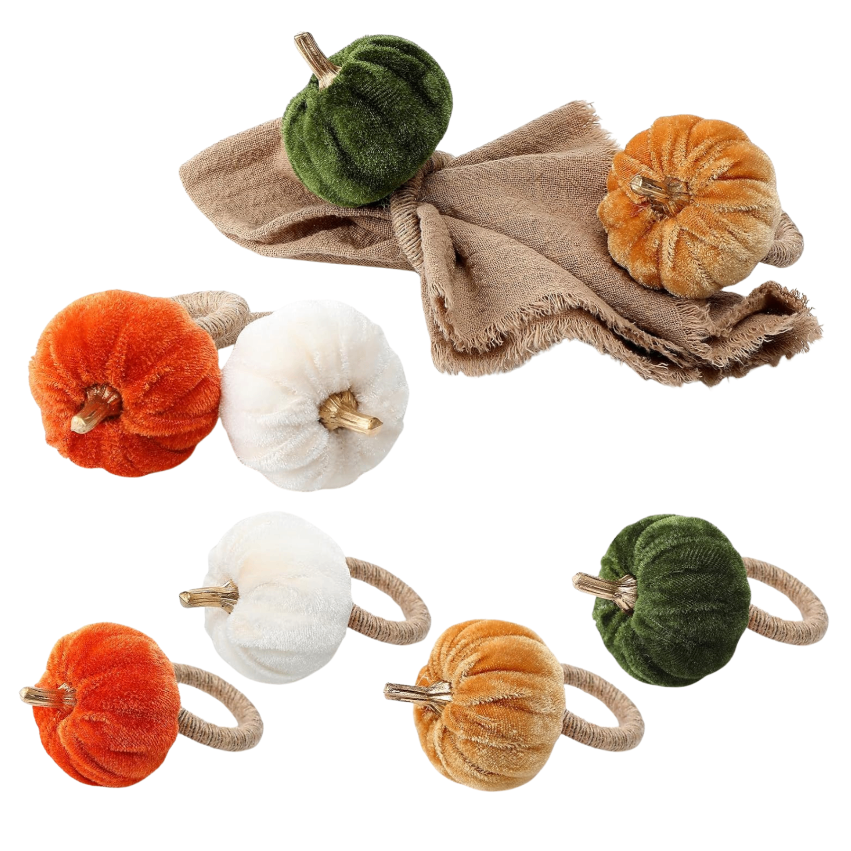set of 8 green, white and orange napkin rings with a beige napkin