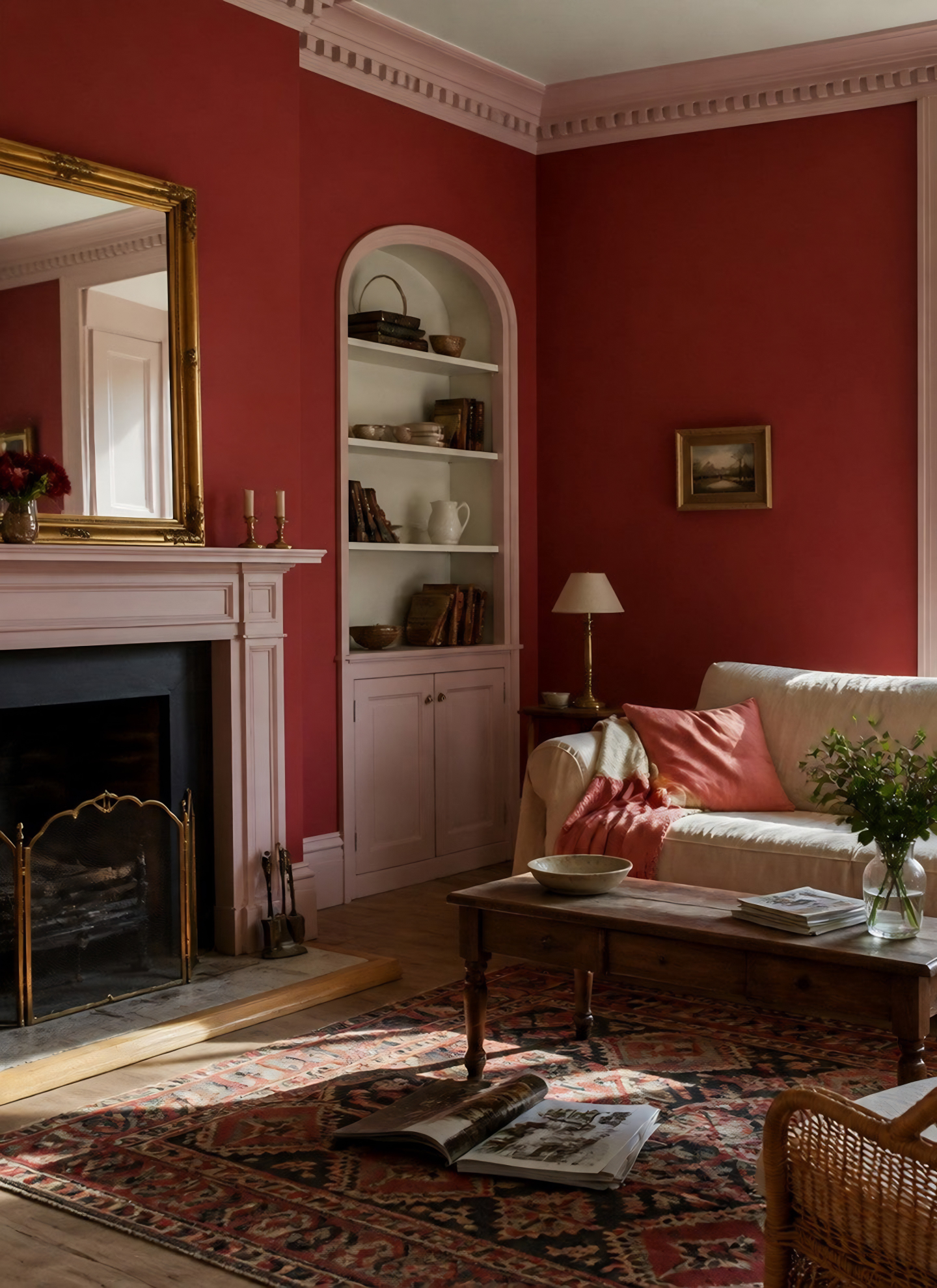 Cosy living room featuring rich terracotta red walls, pink architectural trim, an arched alcove bookcase, a white sofa with a pink cushion, and an ornate patterned rug