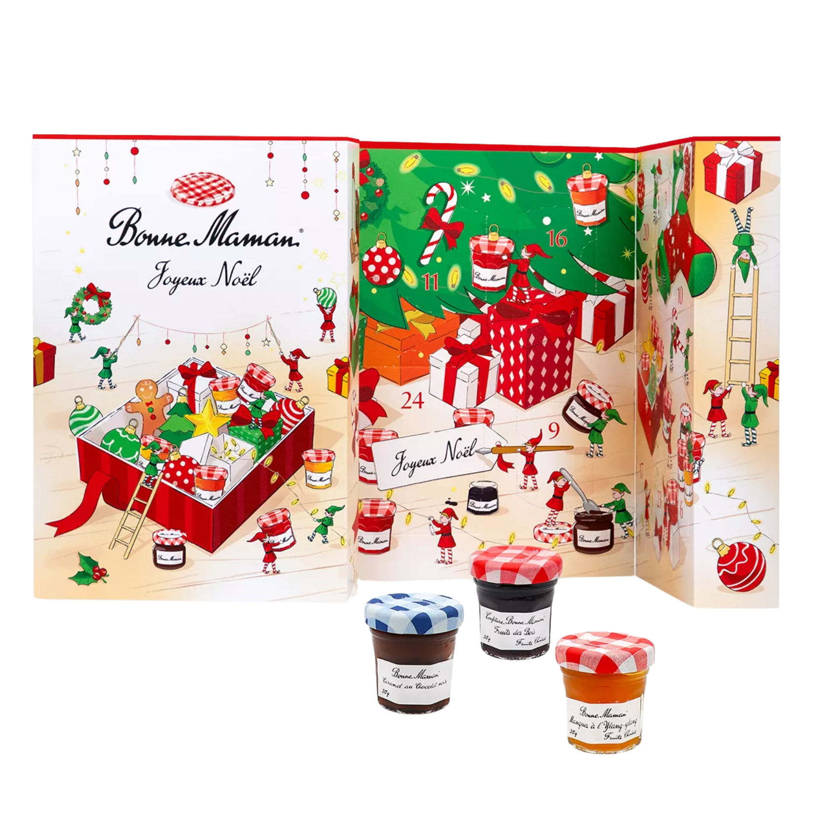 Bonne Maman jam advent calendar featuring colorful Christmas workshop illustrations and three miniature jam jars displayed in front