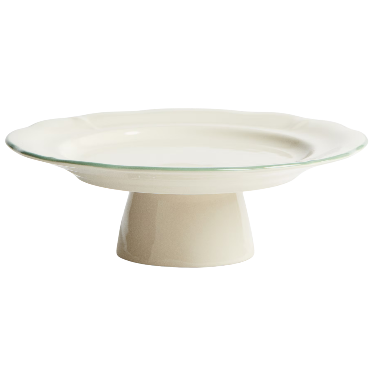 cream ceramic cake stand with sage green rim
