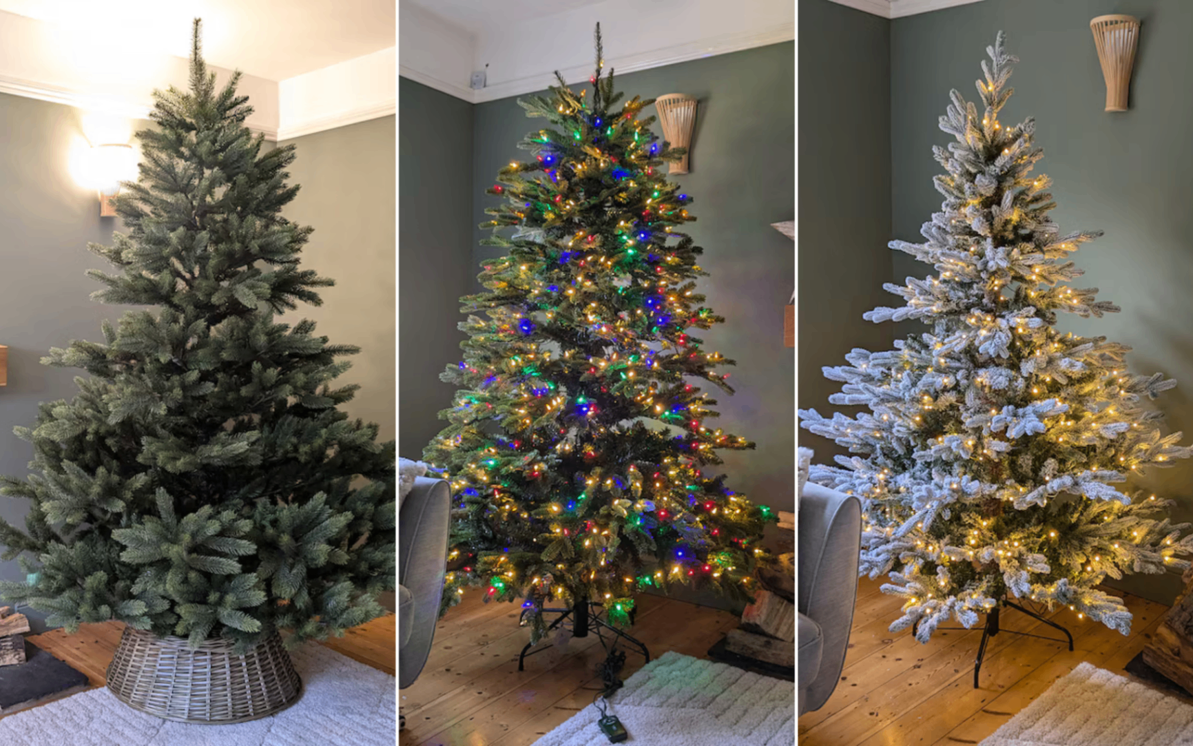 Side-by-side review of the best artificial Christmas trees set up in a living room: a dense unlit tree in a wicker collar, a fir pre-lit with multi-coloured LEDs, and a frosted snowy tree with warm lights