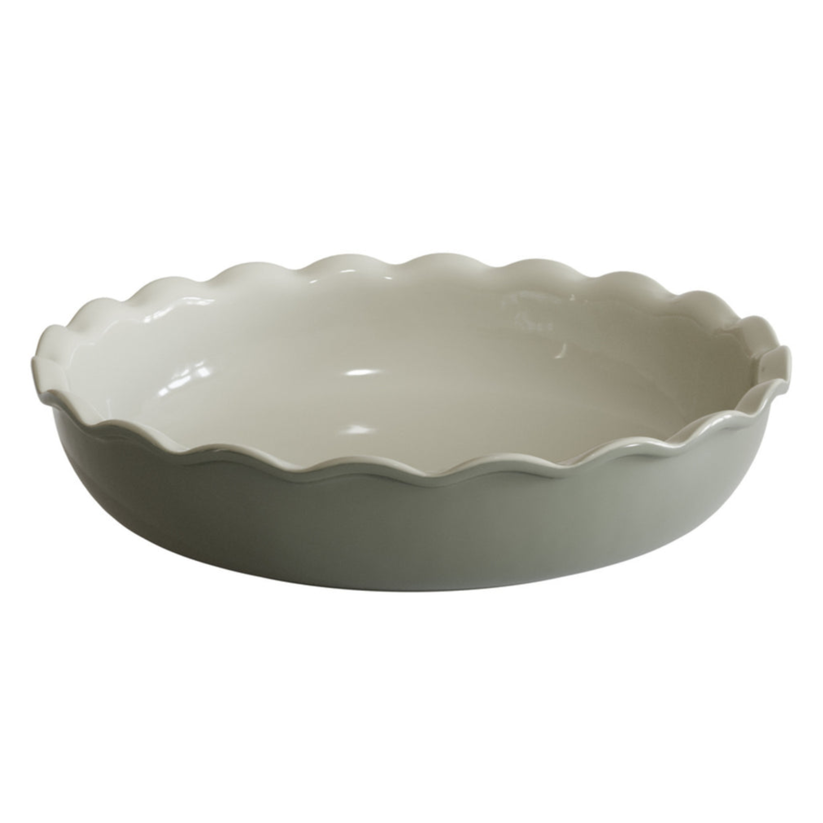 Cream-grey glazed ceramic round pie dish with fluted scalloped edges