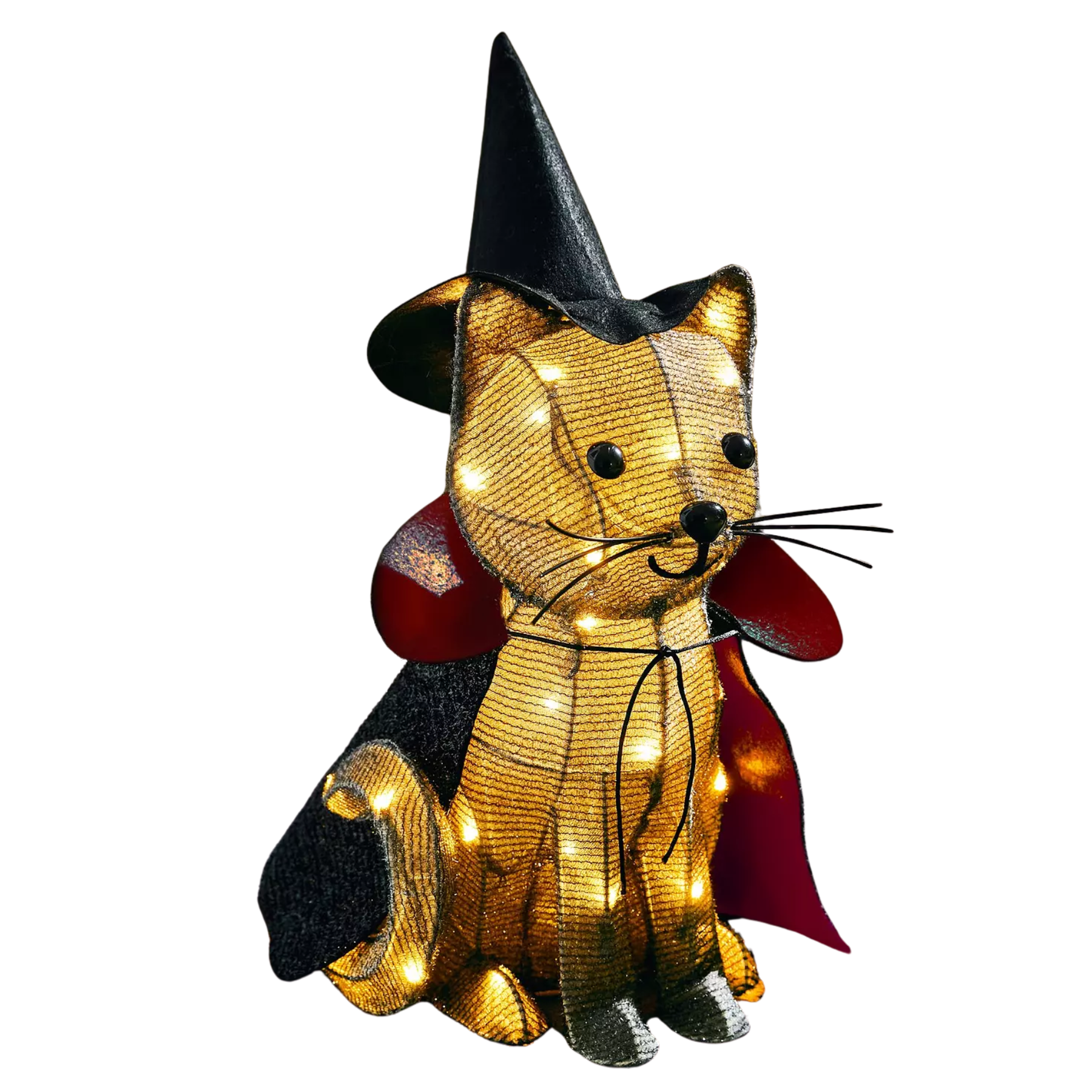 a cat halloween decoration with a witches hat, a black cape and led lights