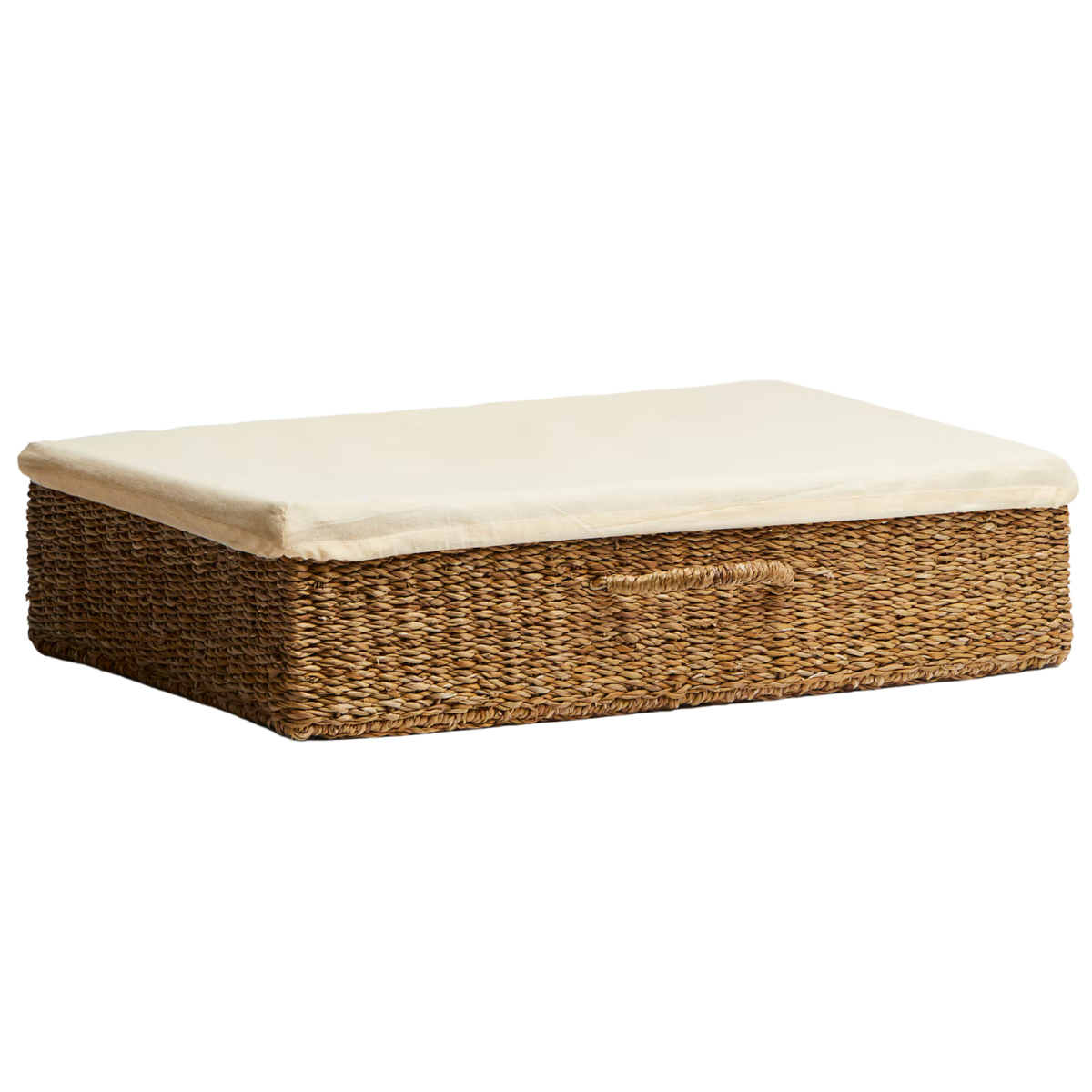 a large seagrasss under bed storage basket with linen lid