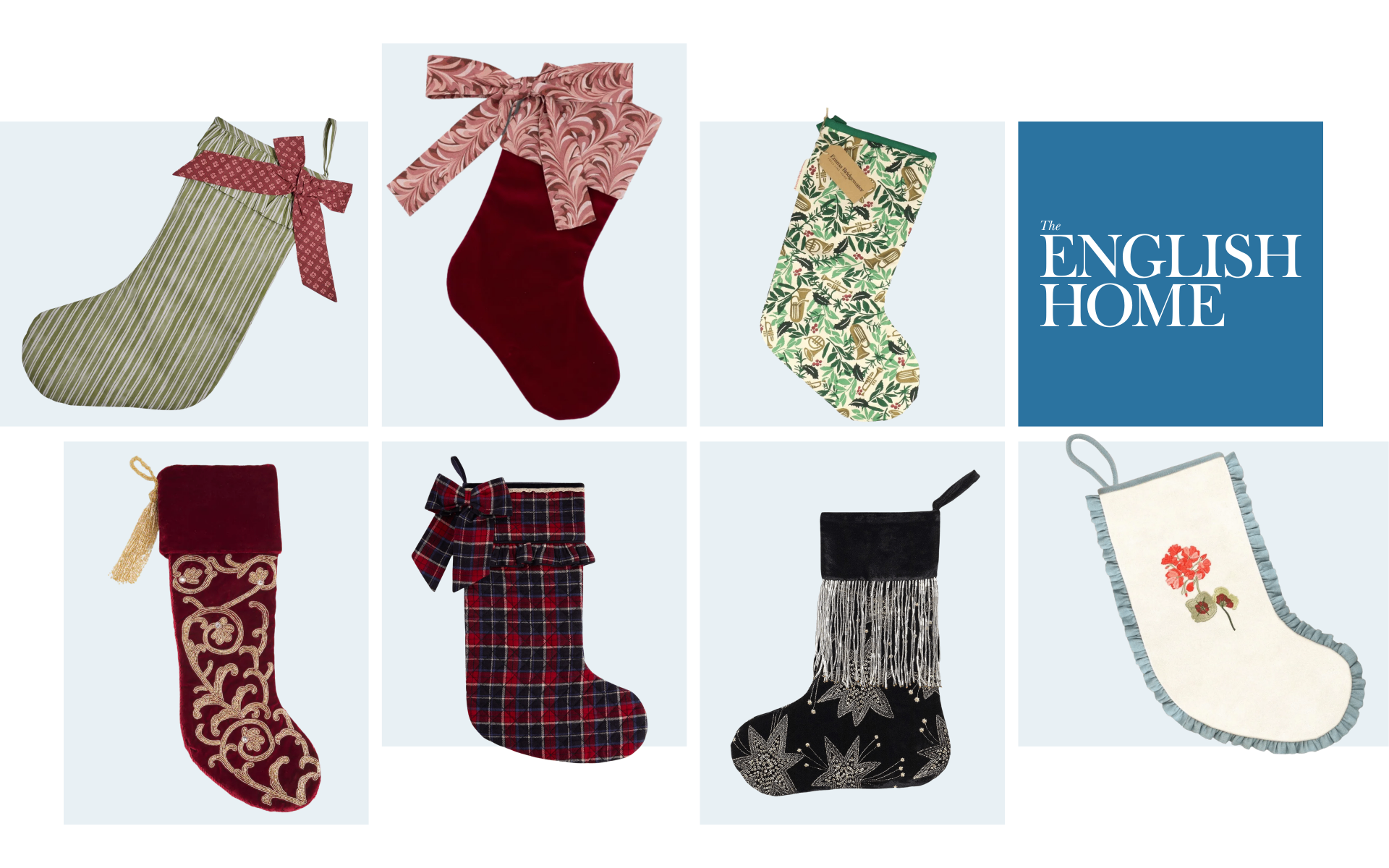 A grid of seven decorative Christmas stockings featuring striped, velvet, floral, tartan, and embroidered styles, alongside the logo for The English Home