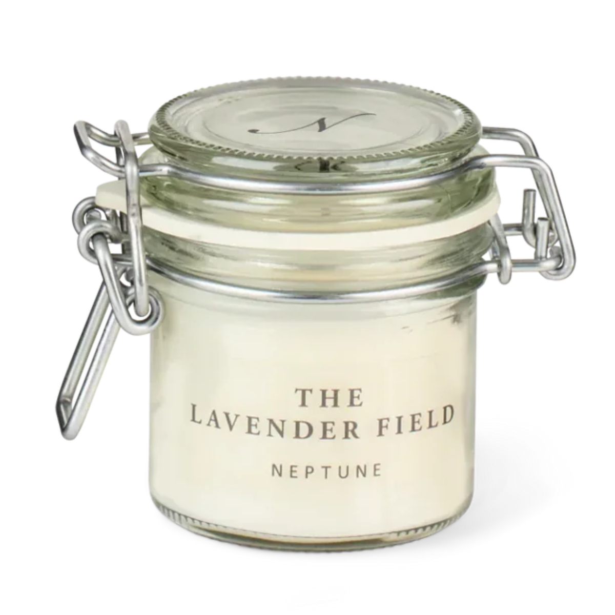 the lavender field neptune candle in a clear glass jar with silver hinges