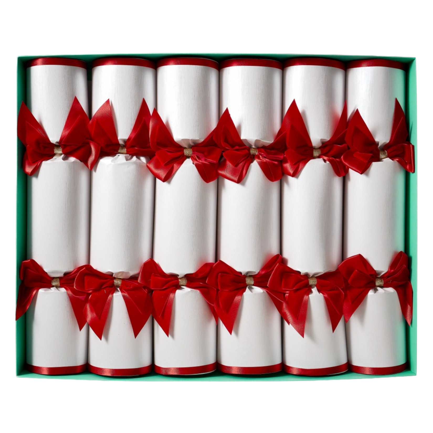 Boxed set of six luxury Christmas crackers lined in a teal tray. Wrapped in crisp, textured white paper with dark red rimmed edges and tied with oversized crimson red satin bows at both gather points