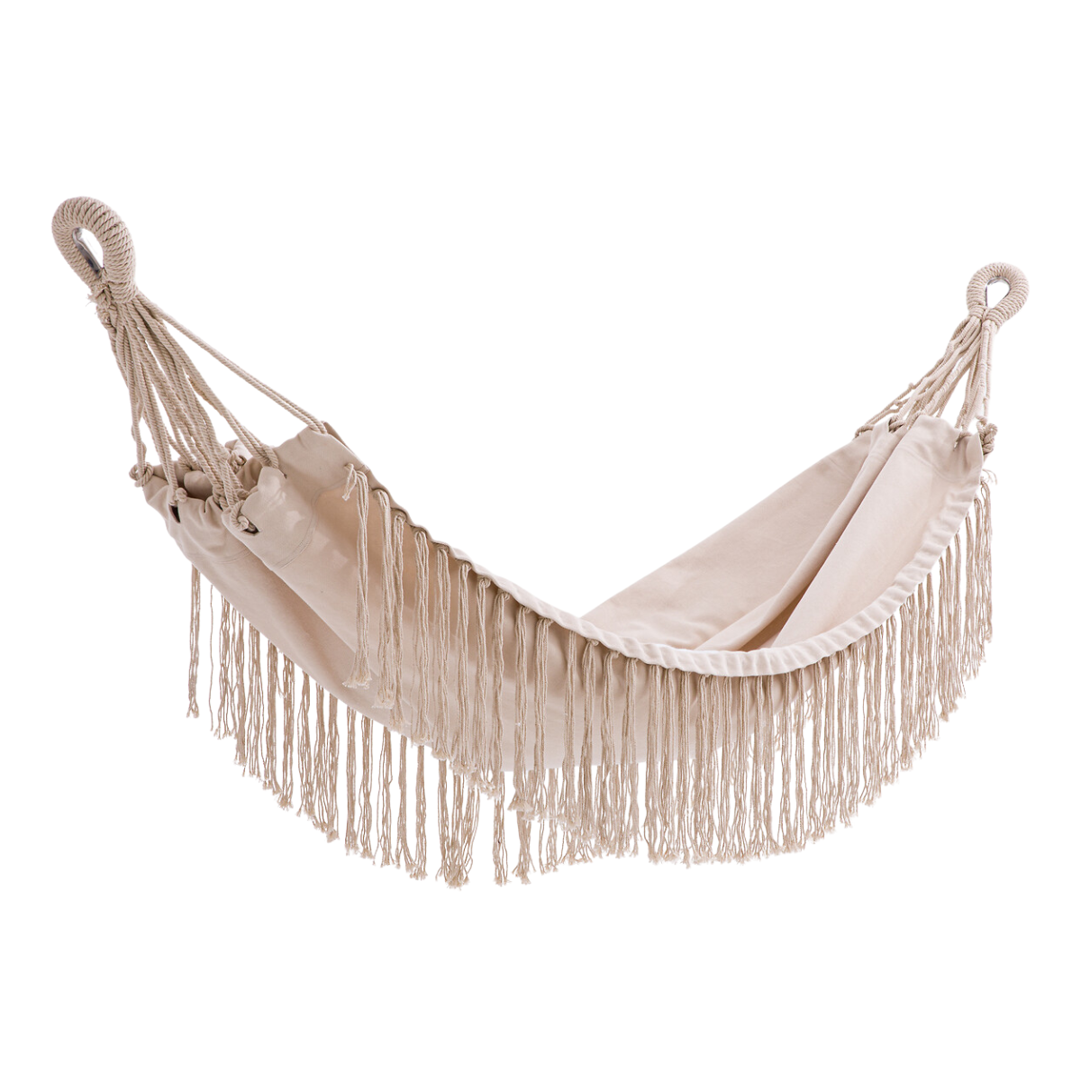 a beige hammock with a fringed trim