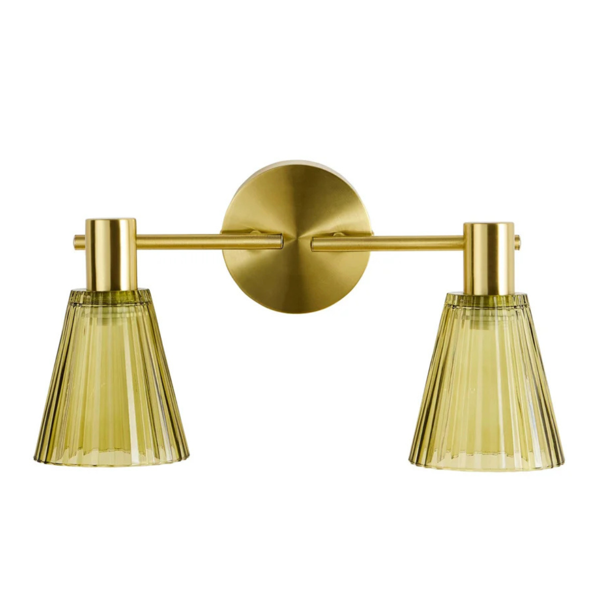 A double wall light with striped green glass shades and gold hardware