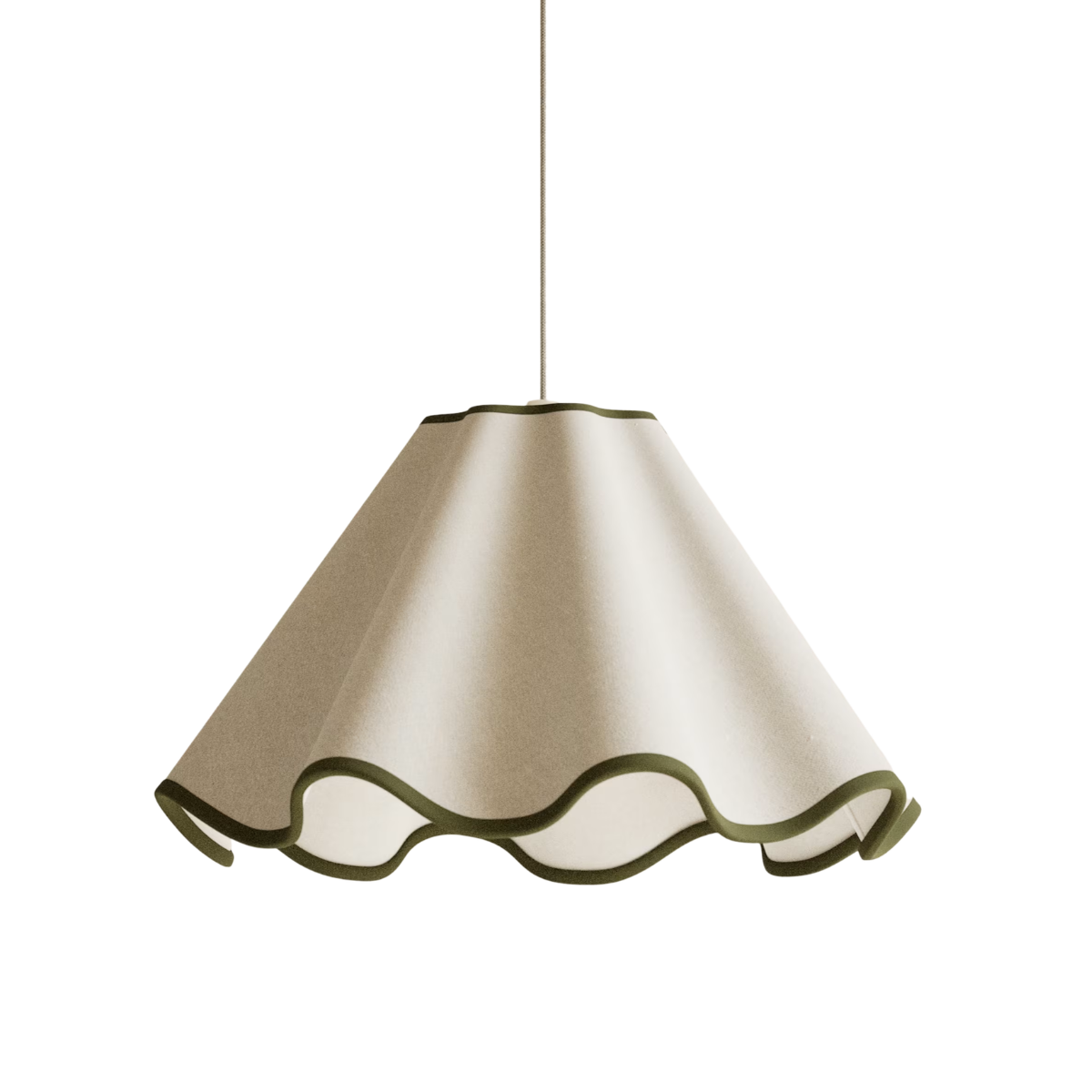 a cream lampshape with a scalloped green edge