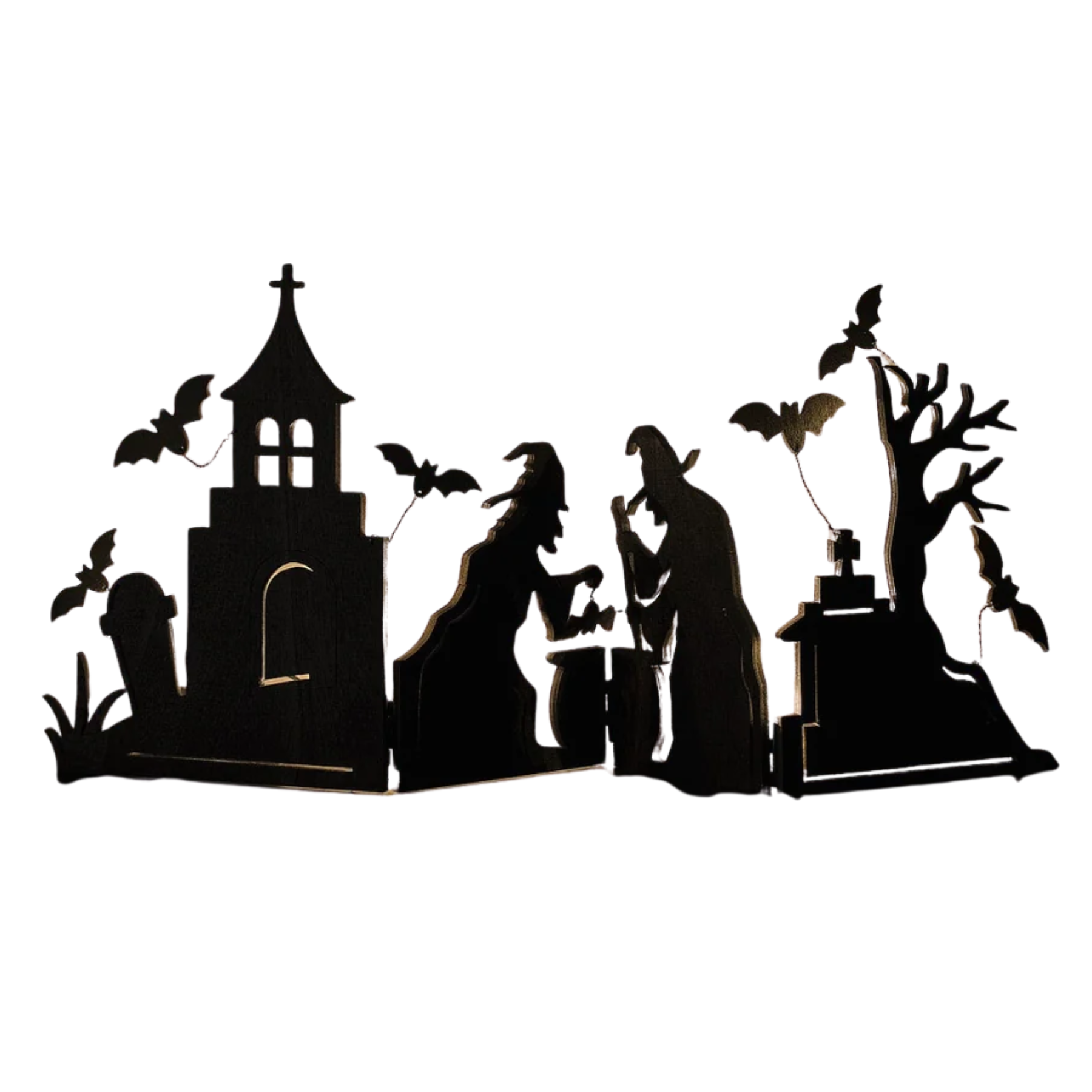 a black witch in a graveyard with trees and bats silhouette decoration for halloween