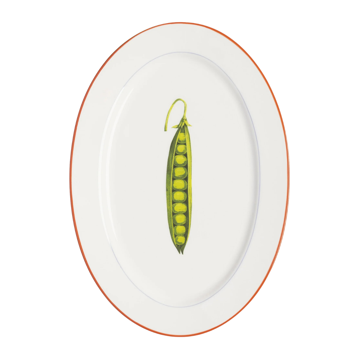an oval serving plate with a red rim and an illustration of a pea pod in the middle