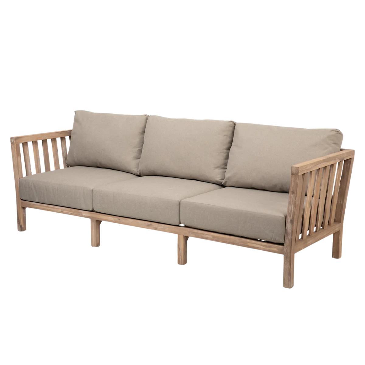 a wooden garden sofa with grey cushions