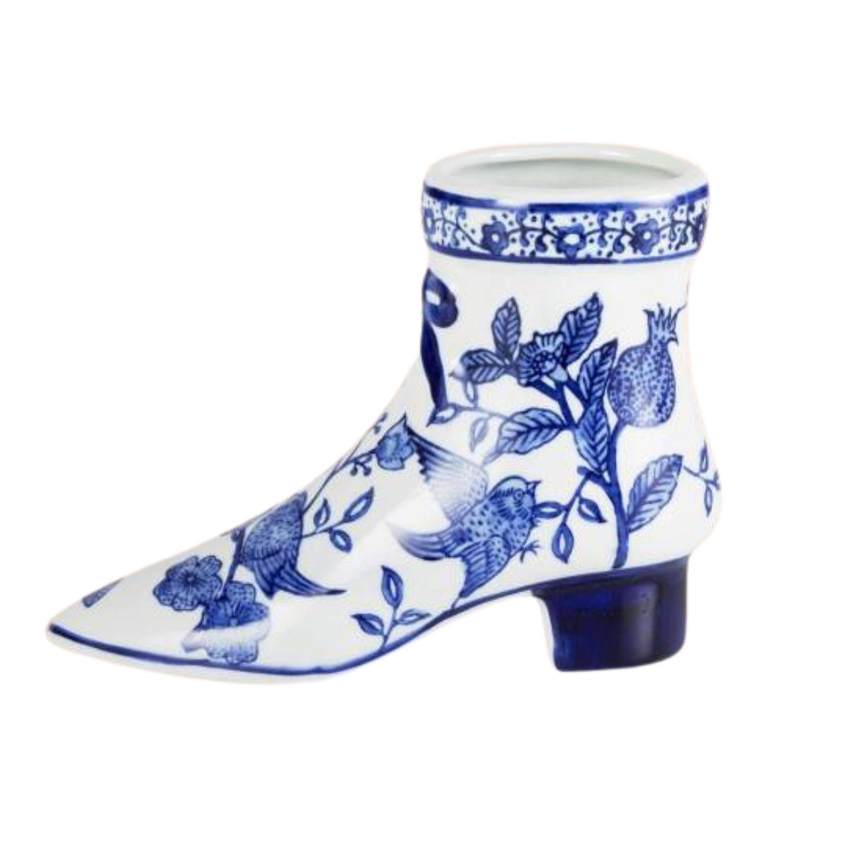 a blue and white delft pattern vase in the shape of a boot