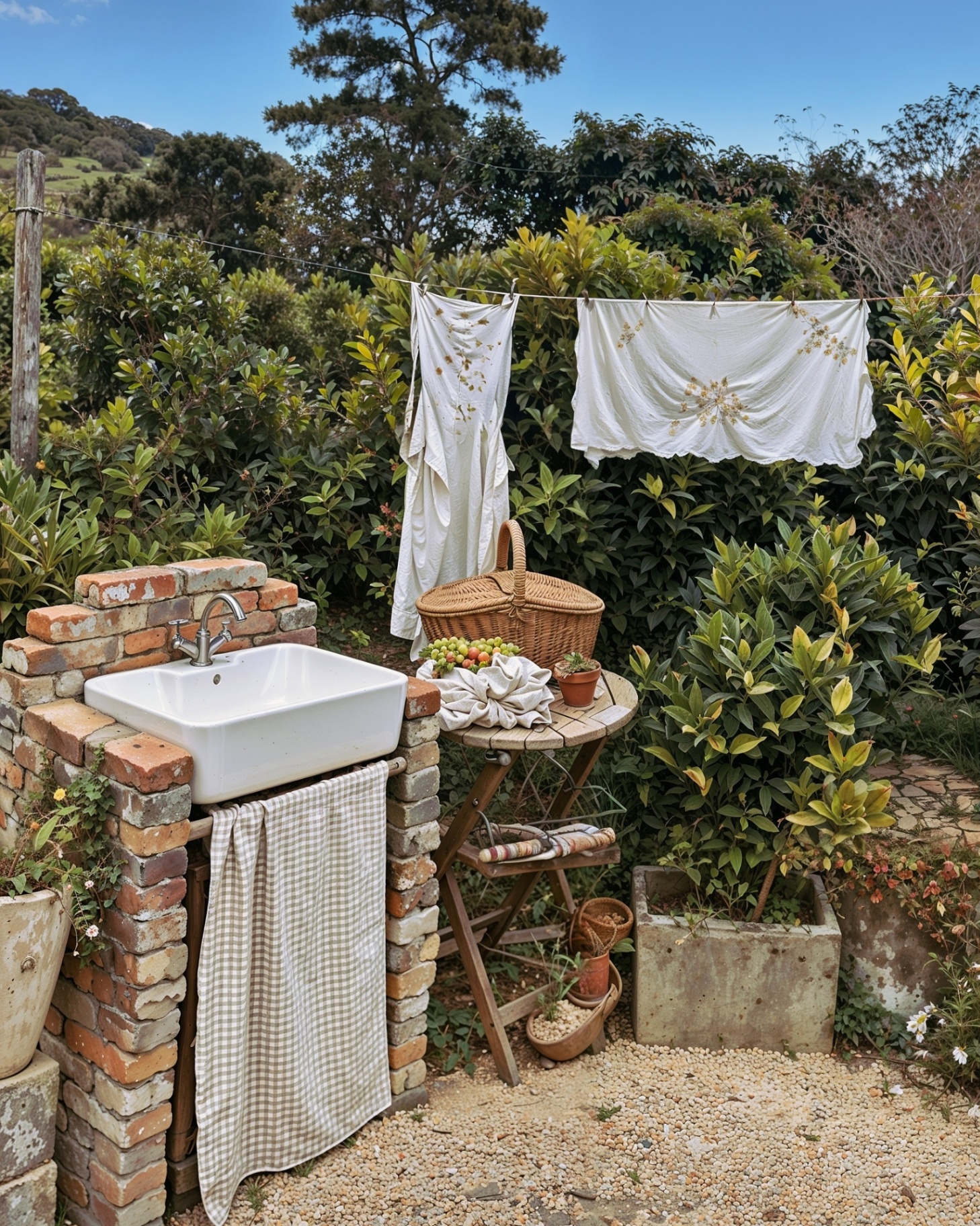 an outdoor sink with a beige and white gingham skirt, a small wooden table with a wicker basket on top and a clothes line with two white items of clothing