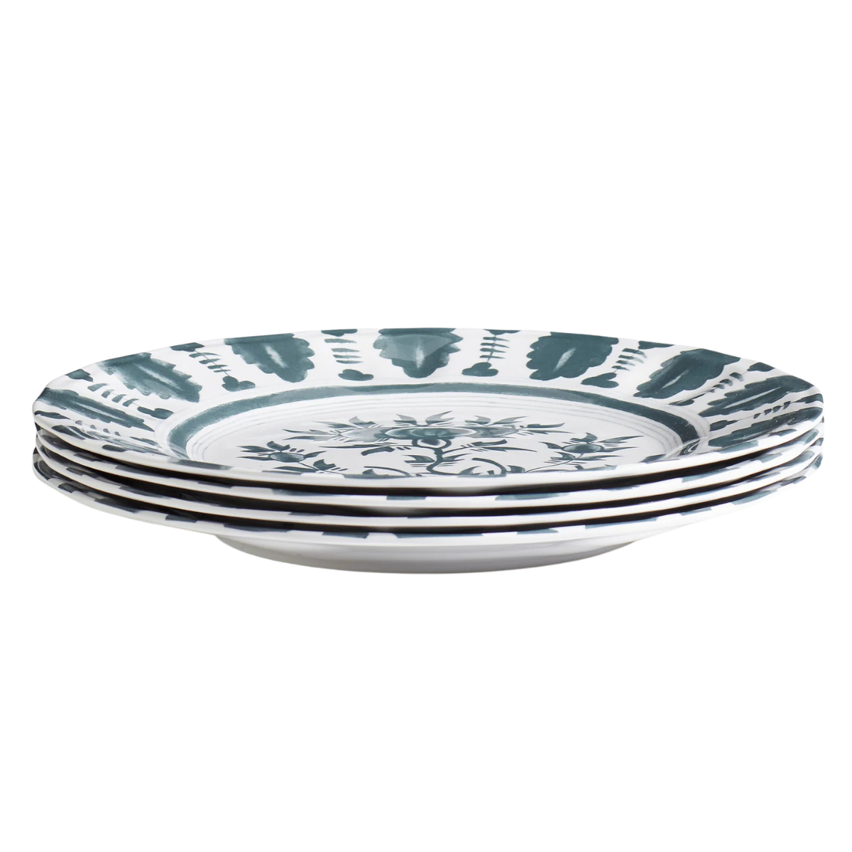 a pile of blue and white patterned plates