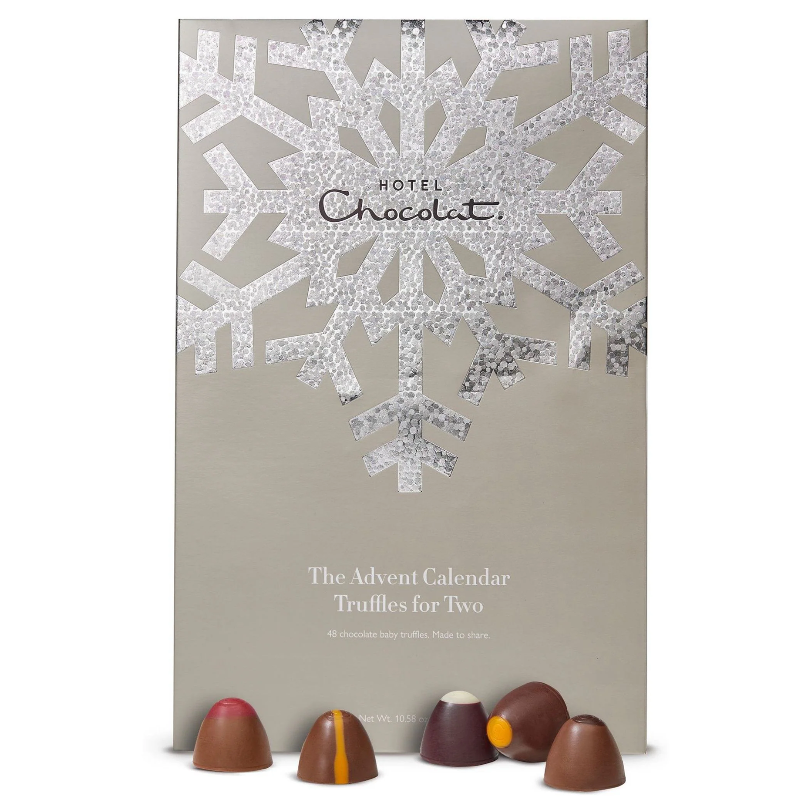 Hotel Chocolat Advent Calendar for Two in grey with a large silver foil snowflake and chocolates arranged in front