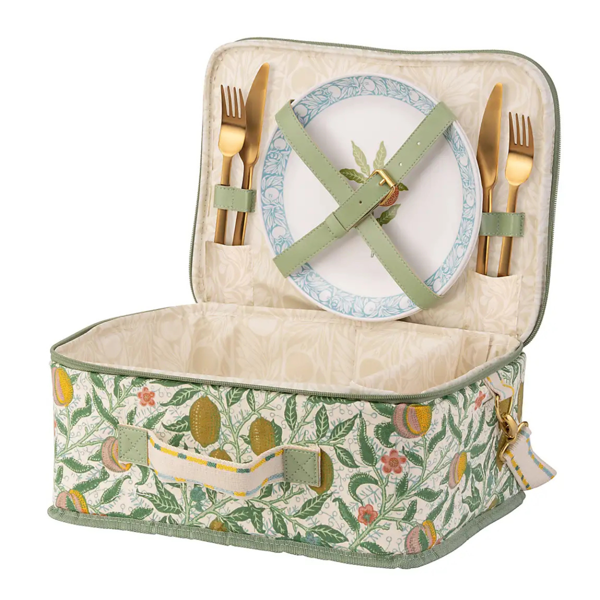 a cream and green william morris botanical print picnic cooler bag with plates and cutlery
