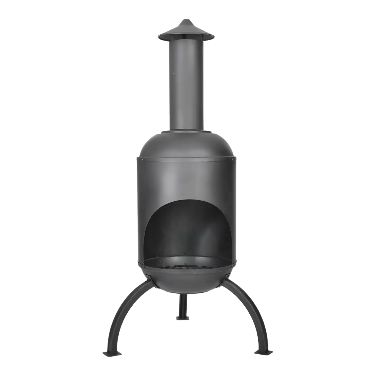 a large black chiminea on three legs