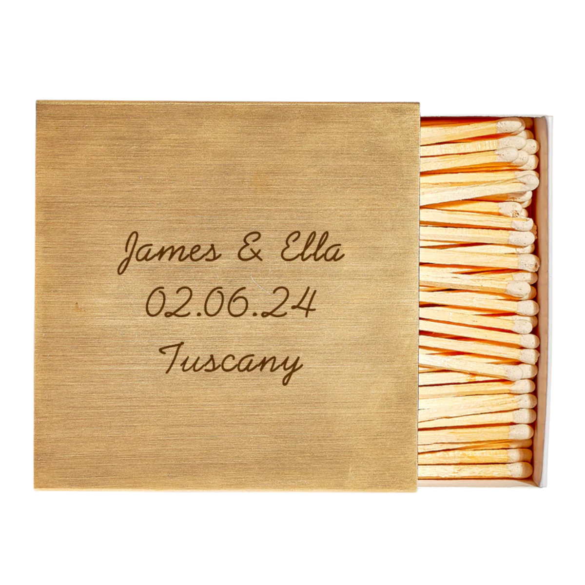 a gold personalized match box cover with white matches inside