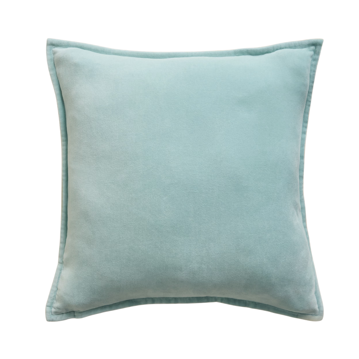 an aqua blue velvet cushion on a white background