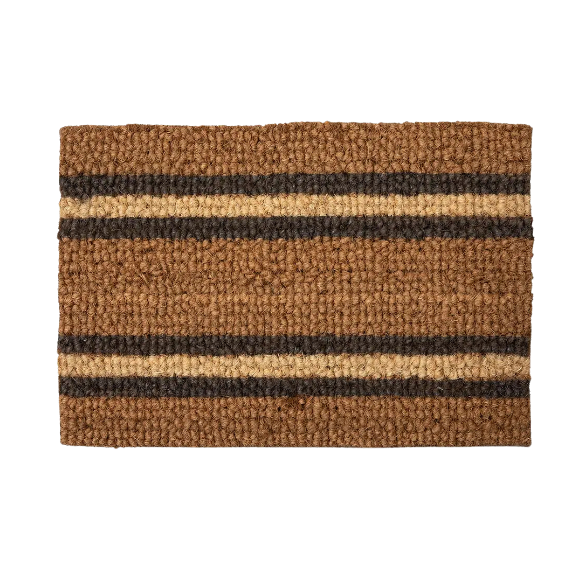 a brown, beige and black stripe doormat